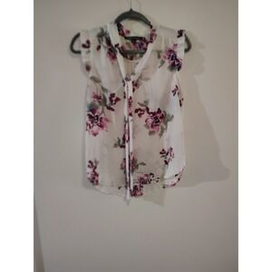 Sweet Rain Floral Tie Neck Ruffle Sleeve Blouse White Purple Medium